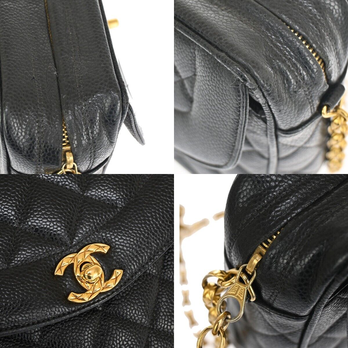CHANEL CC Logo Chain Shoulder Bag Caviar Skin Leather Black GHW France 876RJ162