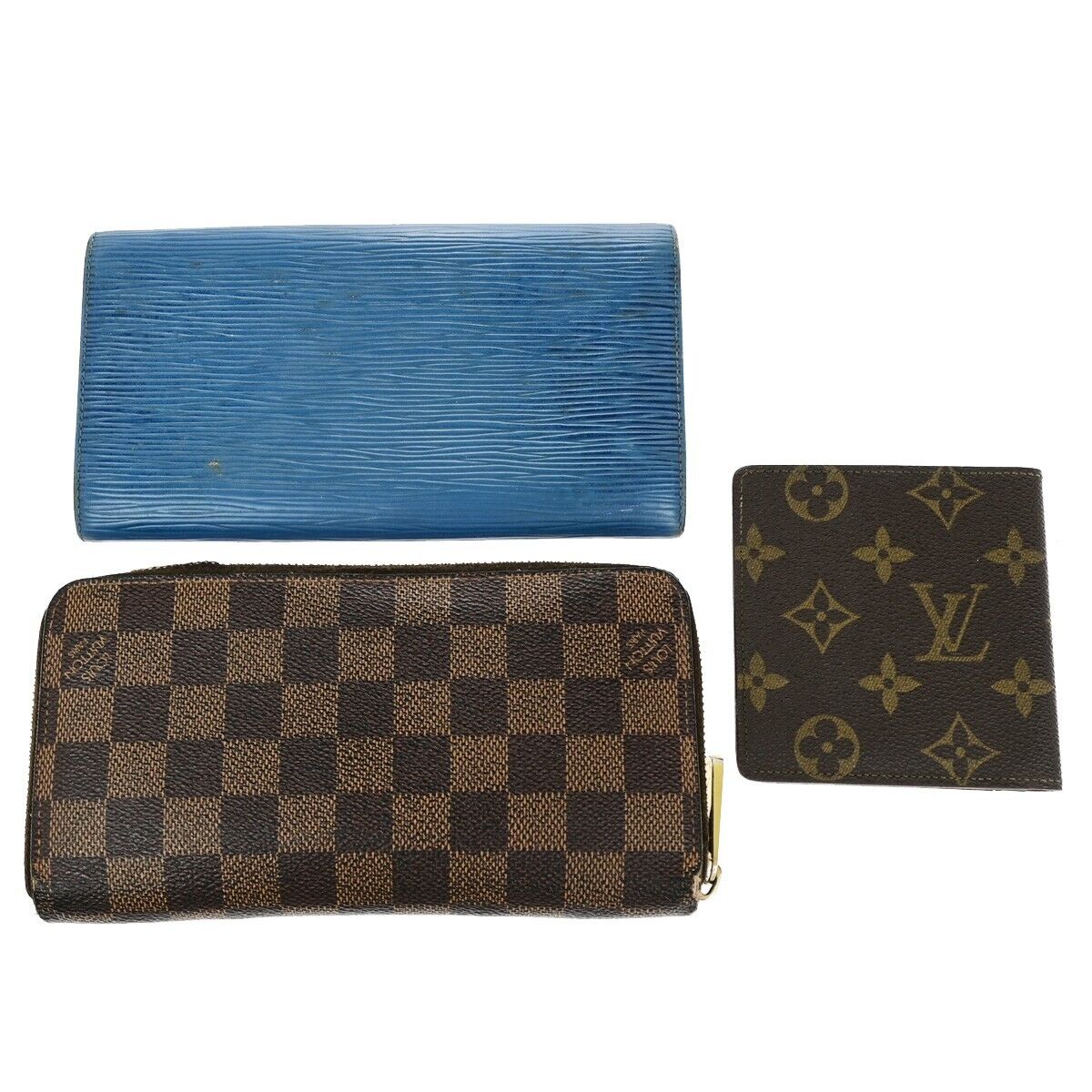LOUIS VUITTON 3 Set Wallet Monogram Damier Ebene Epi Leather Brown Blue 04EE020