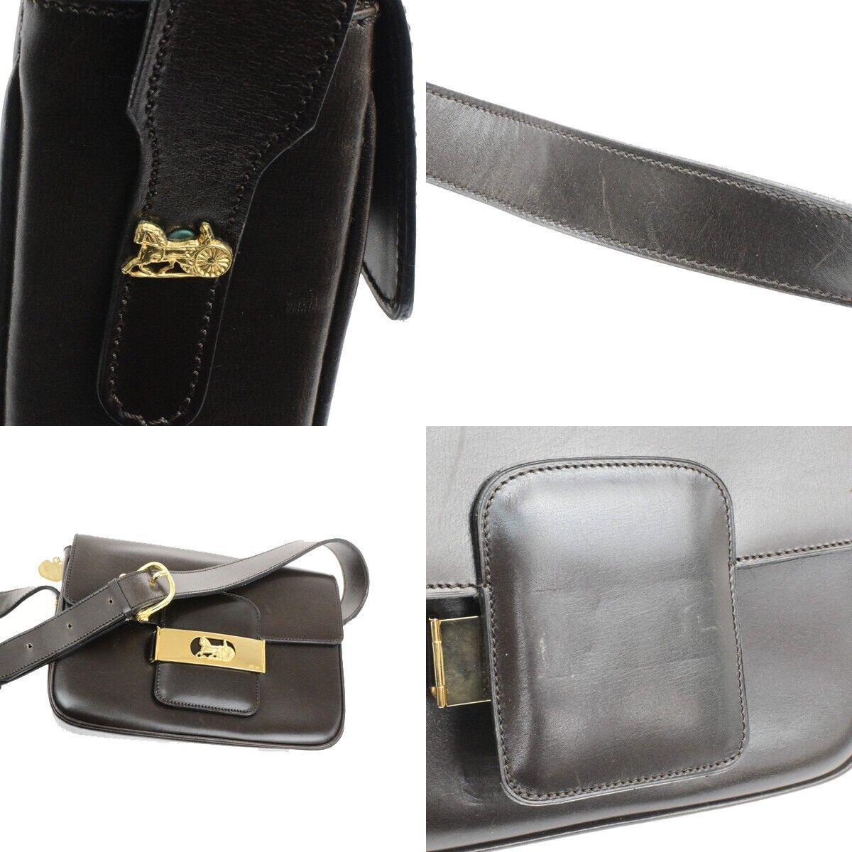 CELINE Horse Carriage Logo Shoulder Bag Leather Brown Gold 32EE092