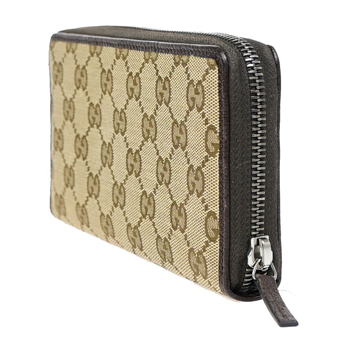 GUCCI Logo GG Pattern Long Bifold Zipper Wallet Canvas Leather Brown 39EB038