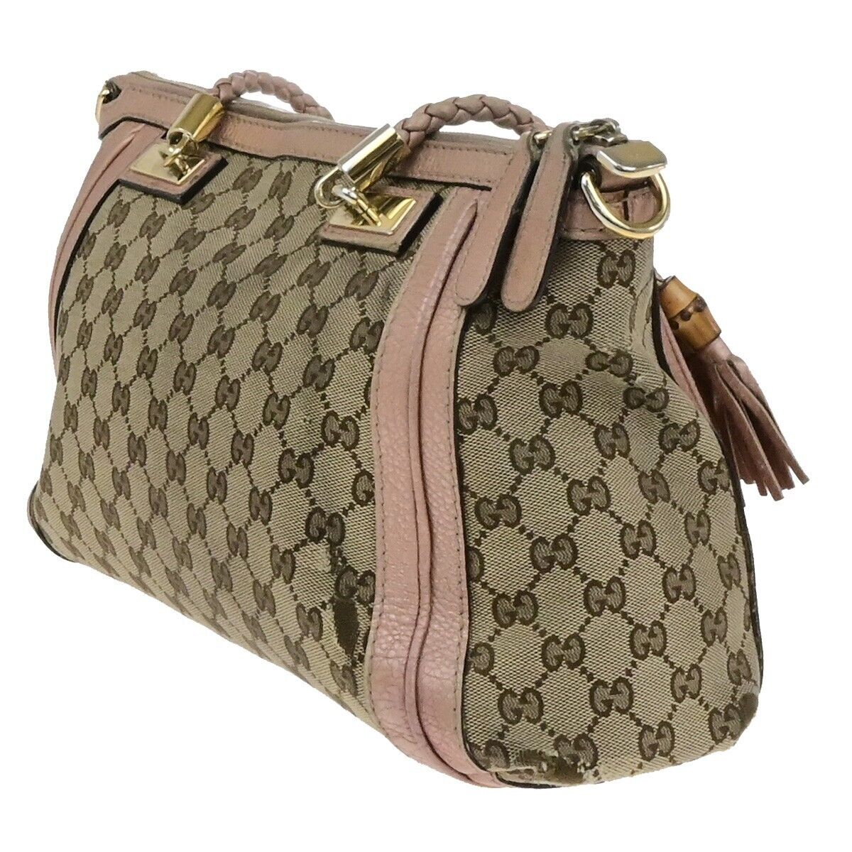 GUCCI Logo GG Pattern Shoulder Tote Bag Bamboo Canvas Leather Brown Pink 30EE118