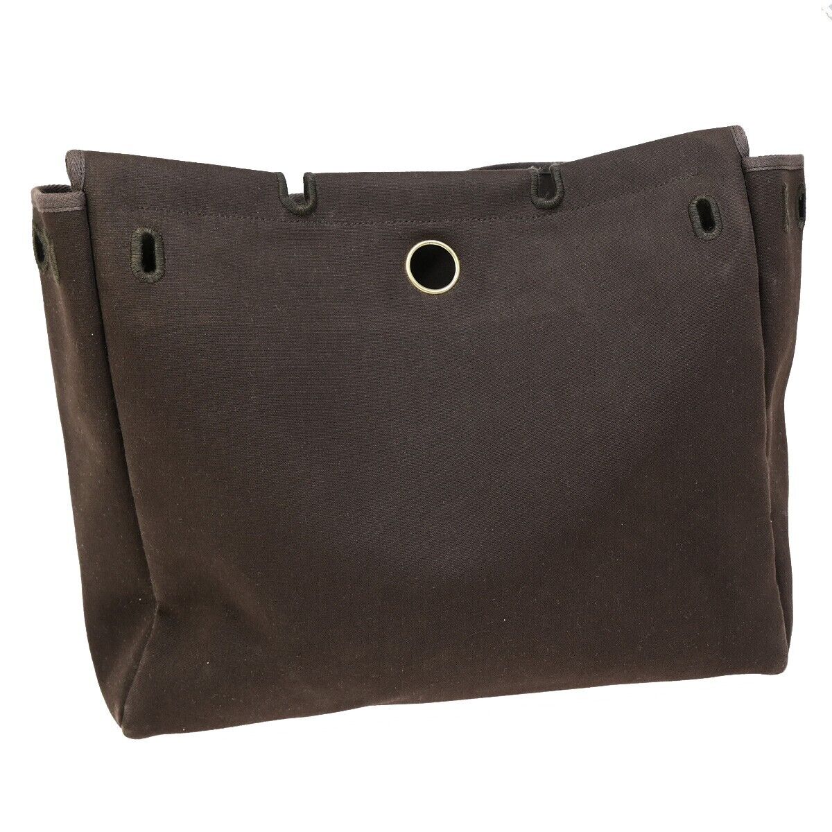 HERMES Logo Her Bag MM 2 In 1 Hand Tote Bag Toile Officier Leather Brown 29EB177
