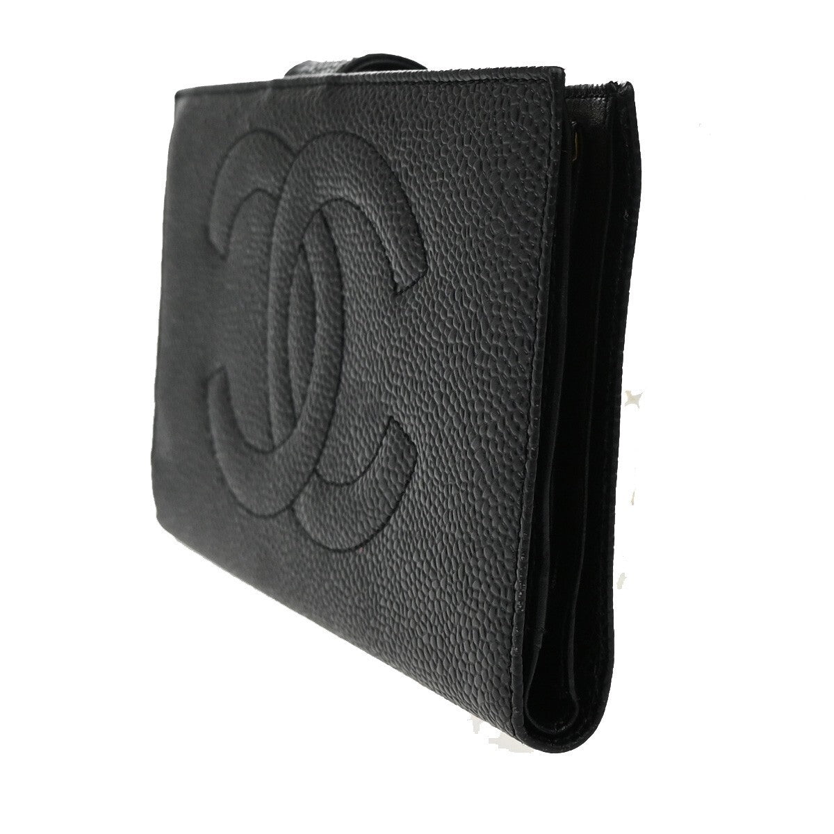 CHANEL CC LOGO Long Bifold Wallet Grained Calfskin Leather Black France 77RL156