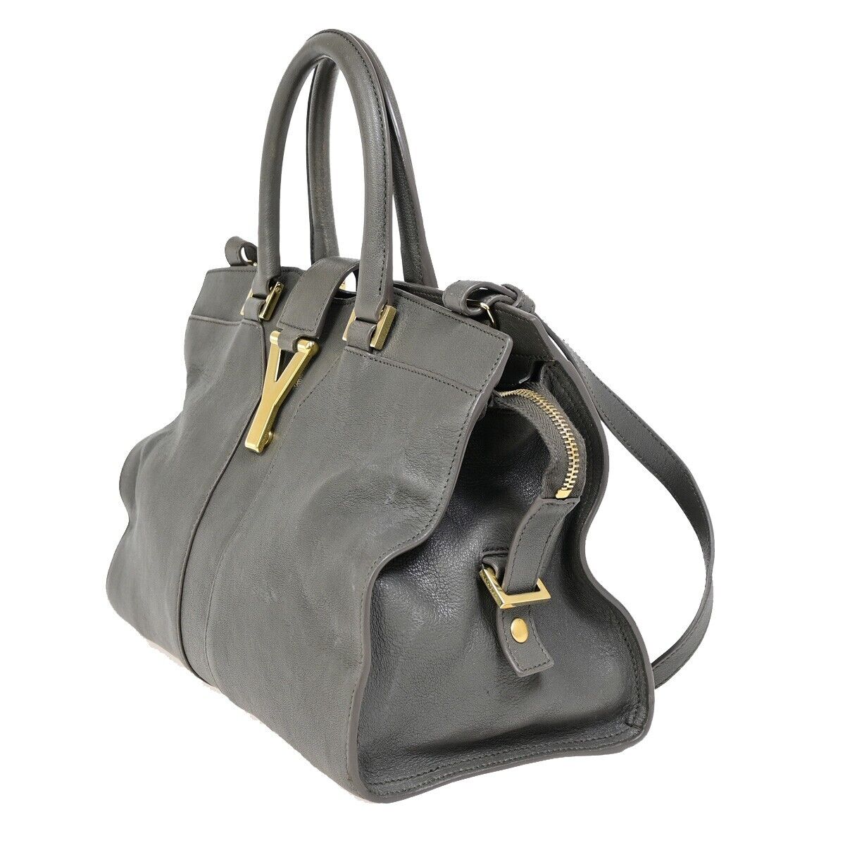 YVES SAINT LAURENT YSL 2Way Cabas Chyc Hand Shoulder Bag Leather Gray 35SH912