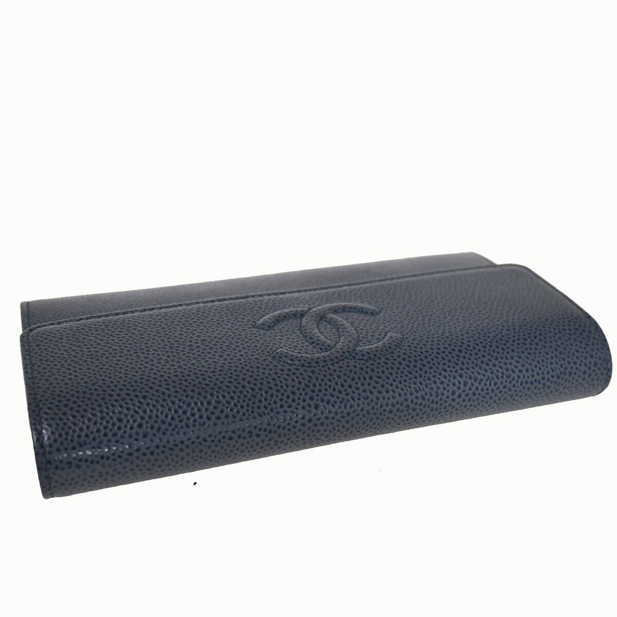 CHANEL CC Logo Long Wallet Purse Caviar Skin Leather Blue SHW 72RF120