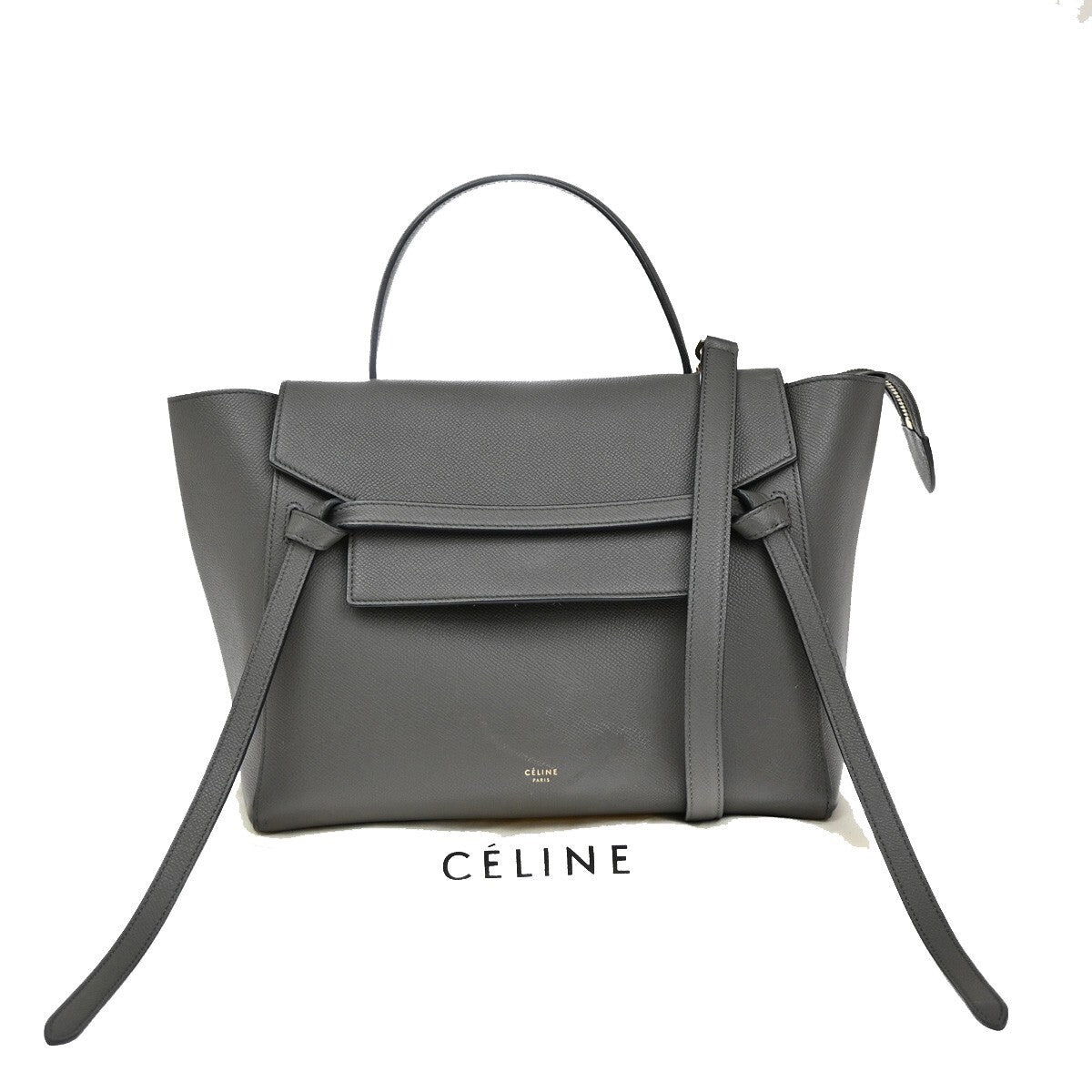 CELINE Logo Belt Bag Mini 2Way Shoulder Hand Bag Leather Gray GHW Italy 25EE372