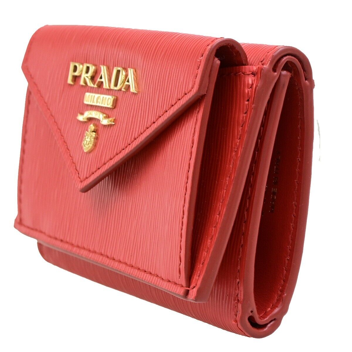 PRADA MILANO Logo Trifold Compact Wallet Vitello Move Leather Red Gold 86RF207