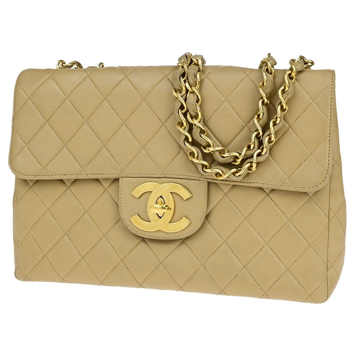 CHANEL CC Matelasse 30 Chain Shoulder Bag Leather Beige GHW Vintage 309RK218