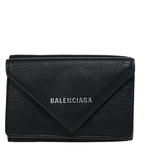 BALENCIAGA Logo Trifold Mini Paper Wallet Leather Black Italy 62KA374