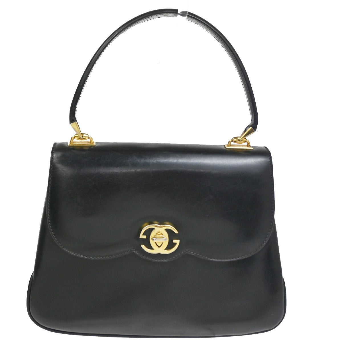 GUCCI Logo Interlocking GG Hand Bag Turn Lock Leather Black GHW Italy 67CA765