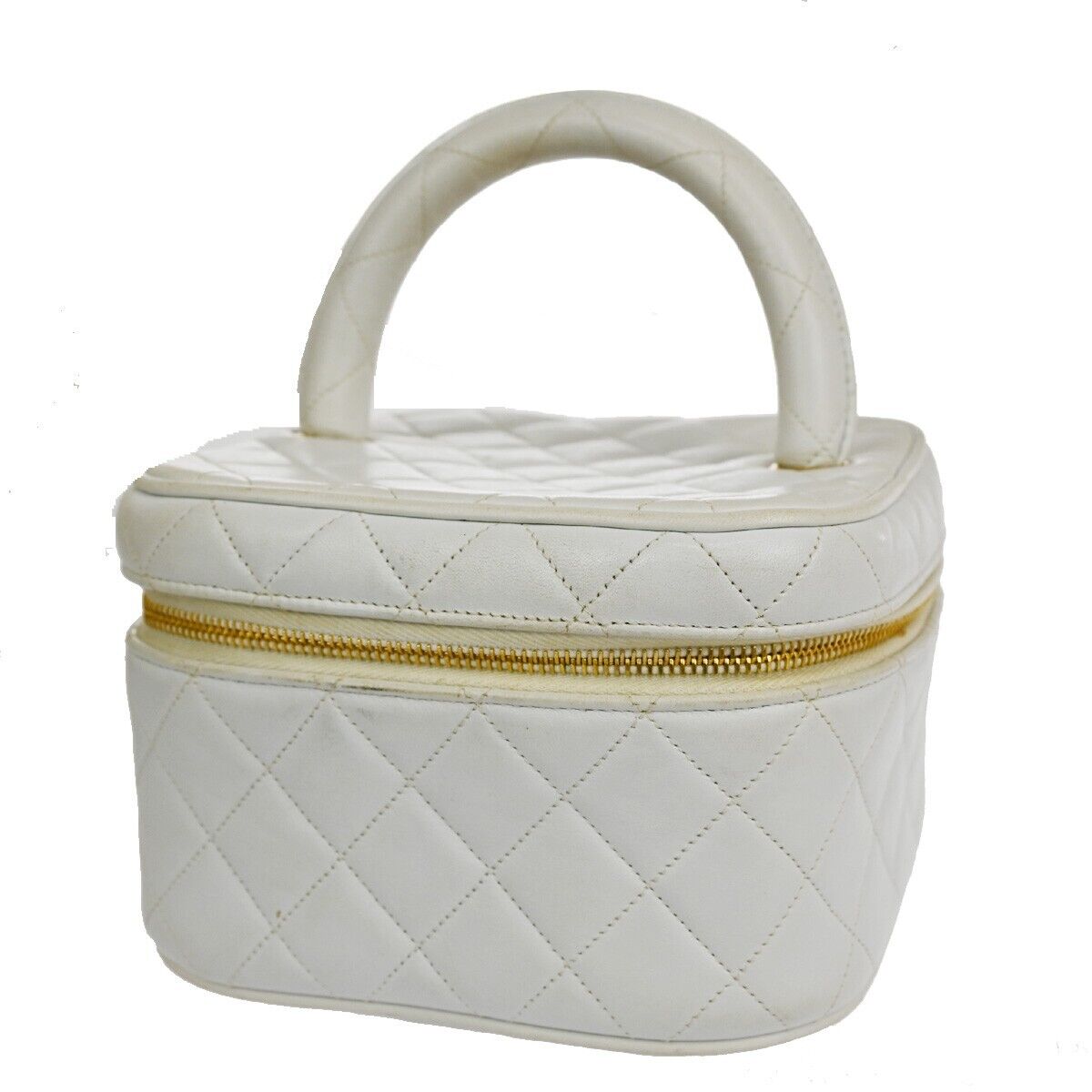 CHANEL Logo Matelasse Vanity Hand Bag Leather White GHW France Vintage 96RH435