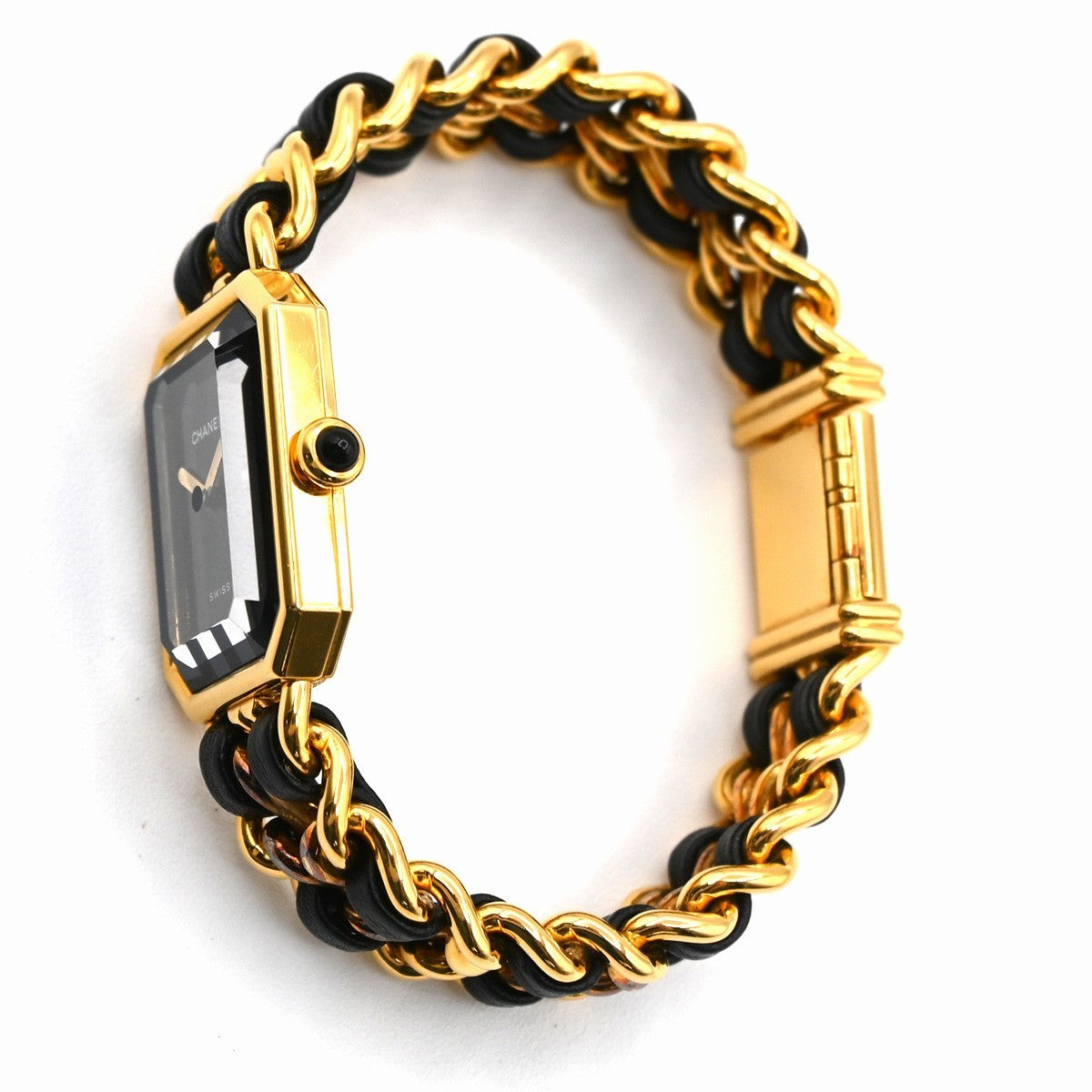 CHANEL Logo Premiere Watch M Size Quartz Gold Plated Leather Swiss Made 620LC637