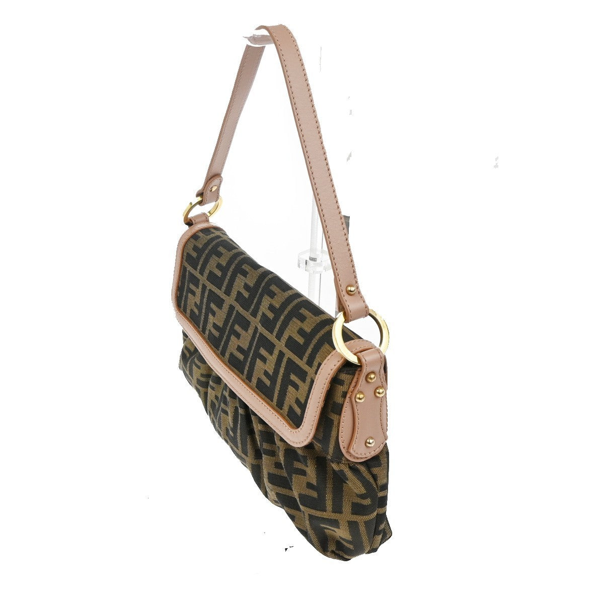 FENDI Logo Mamma Zucca Pattern Shoulder Bag Canvas Leather Brown Pink 46TA511