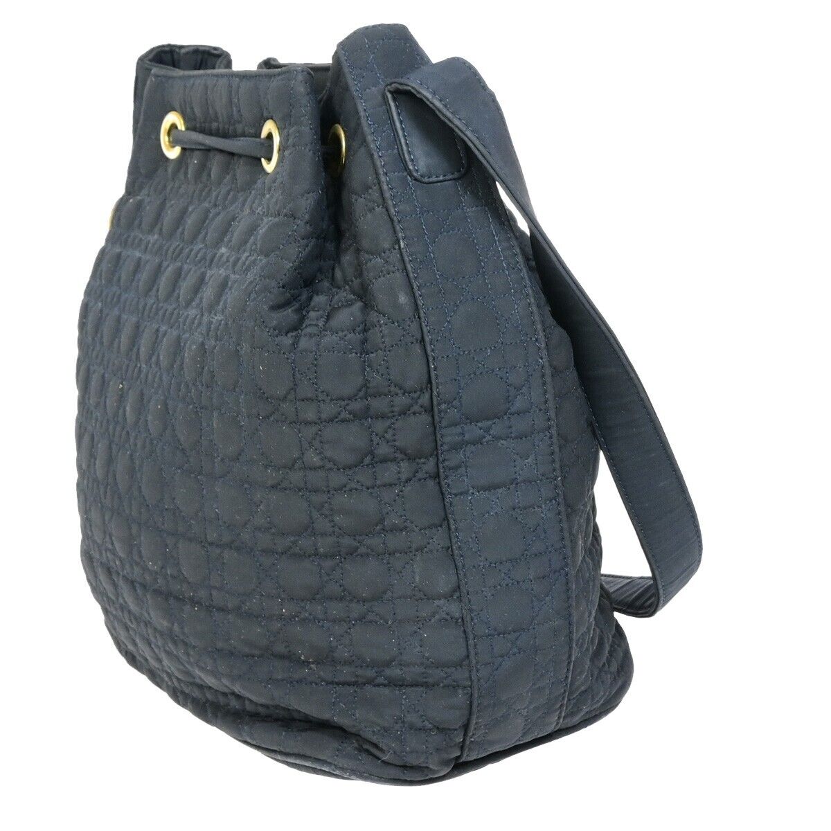 CHRISTIAN DIOR  Cannage Bucket Shoulder Bag Canvas Leather Navy Blue 86SH958