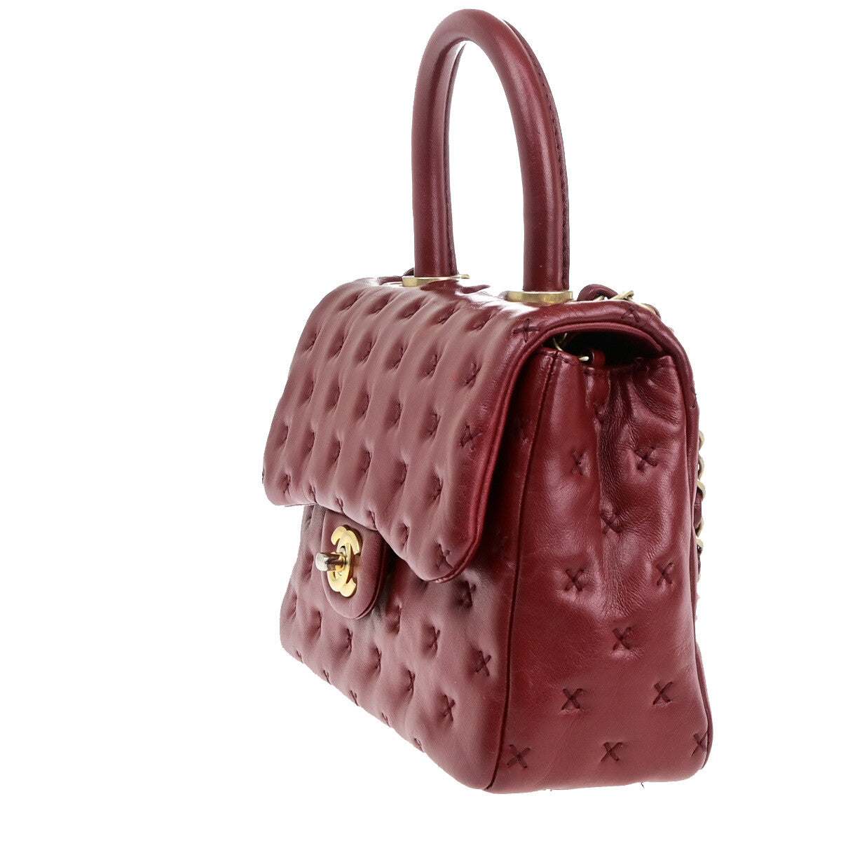 CHANEL CC Cross Stitch 2Way Chain Shoulder Hand Bag Leather Red GHW 805RJ983