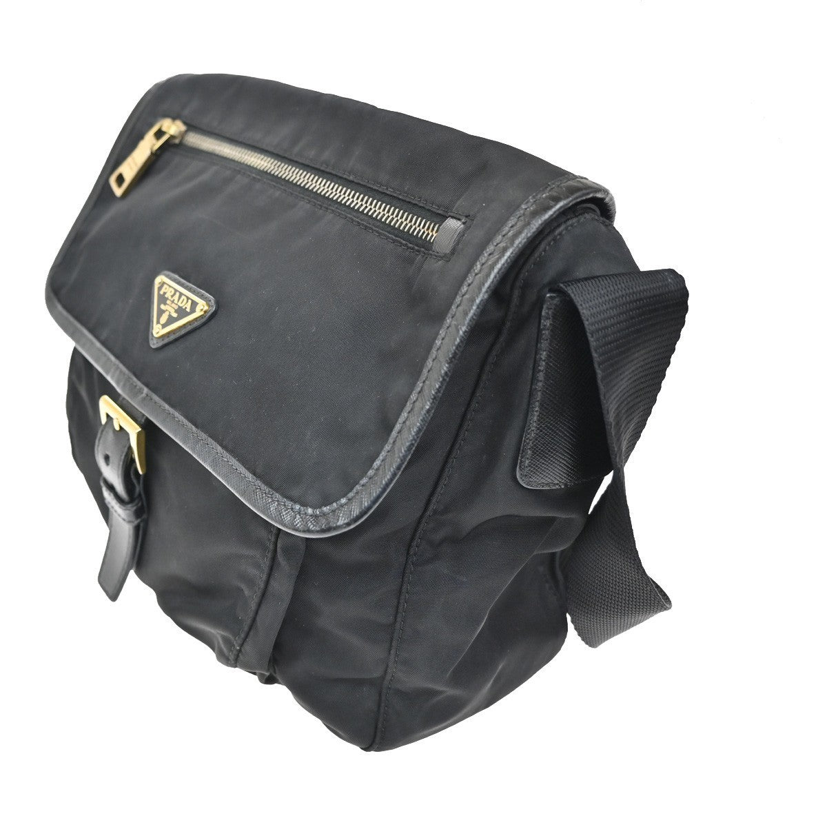PRADA Plate Logo Tessuto Shoulder Bag Nylon Leather Black GHW Italy 33TA379