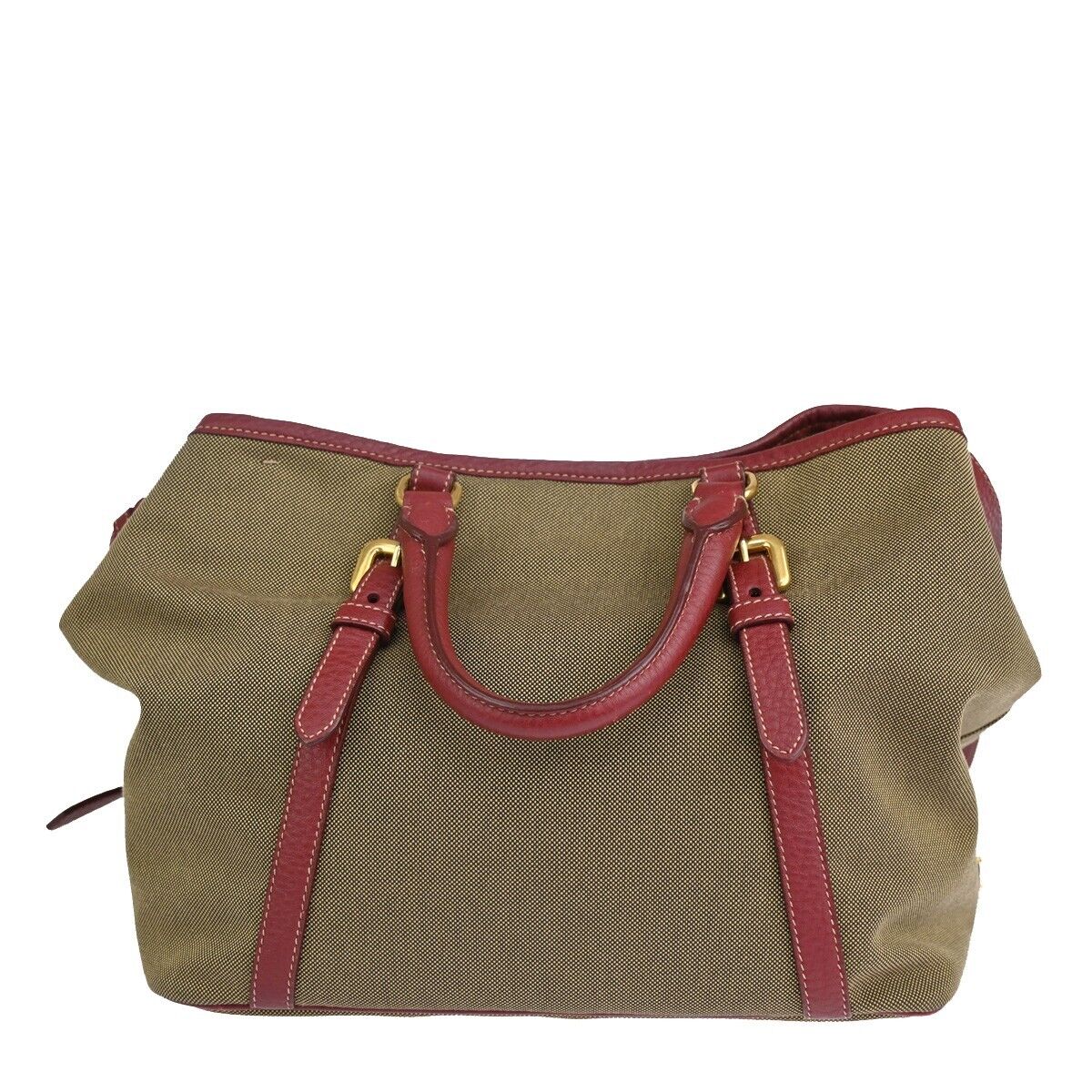 PRADA MILANO Logo 2Way Shoulder Hand Bag Canvas Leather Khaki Bordeaux 79EA813