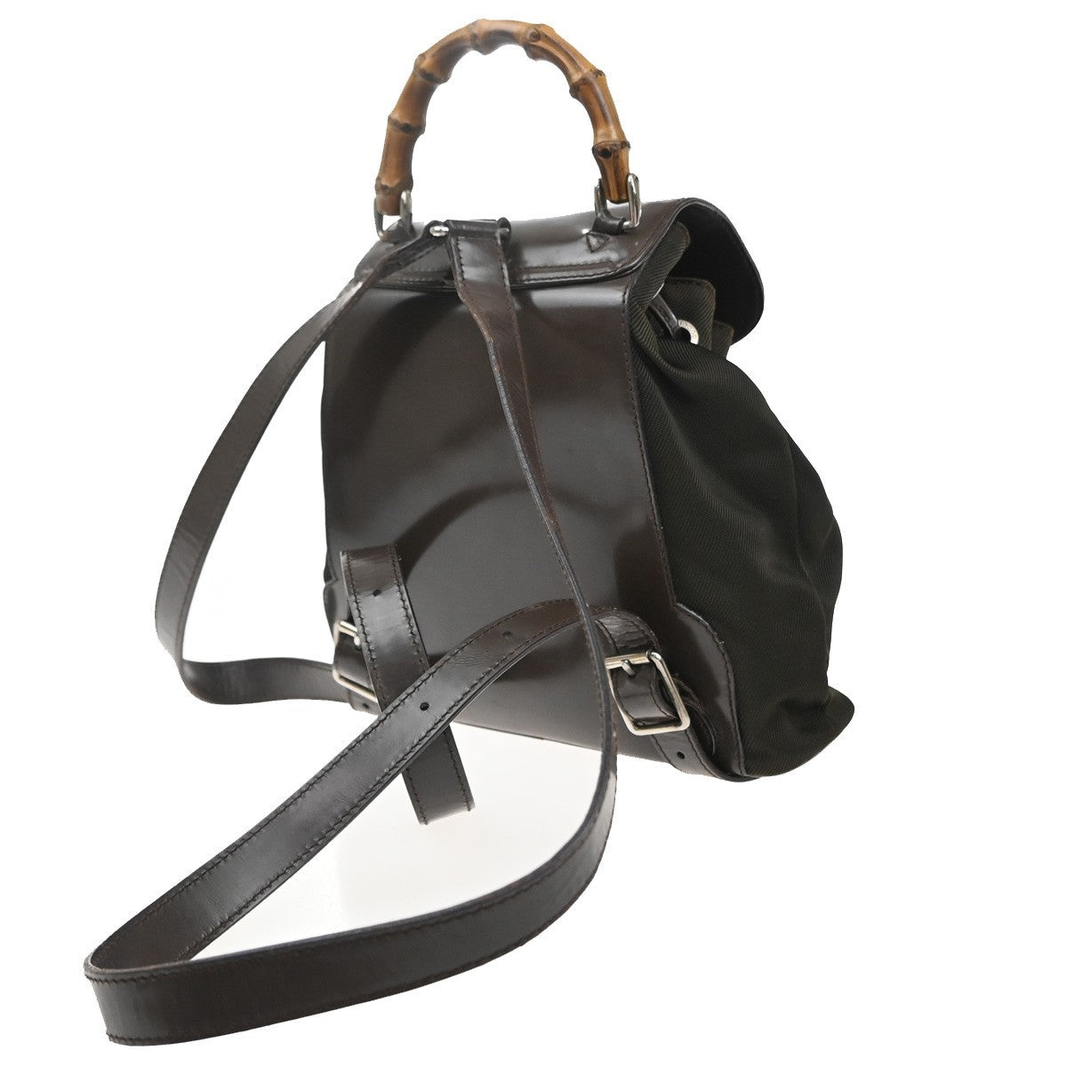 GUCCI Logo Bamboo Backpack Bag Patent Leather Nylon Brown Italy 62EG399