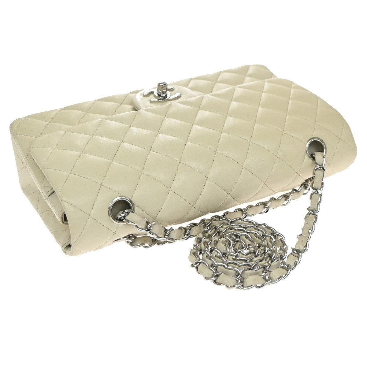CHANEL CC Matelasse 25 Double Flap Chain Shoulder Bag Leather White SHW 700RP187