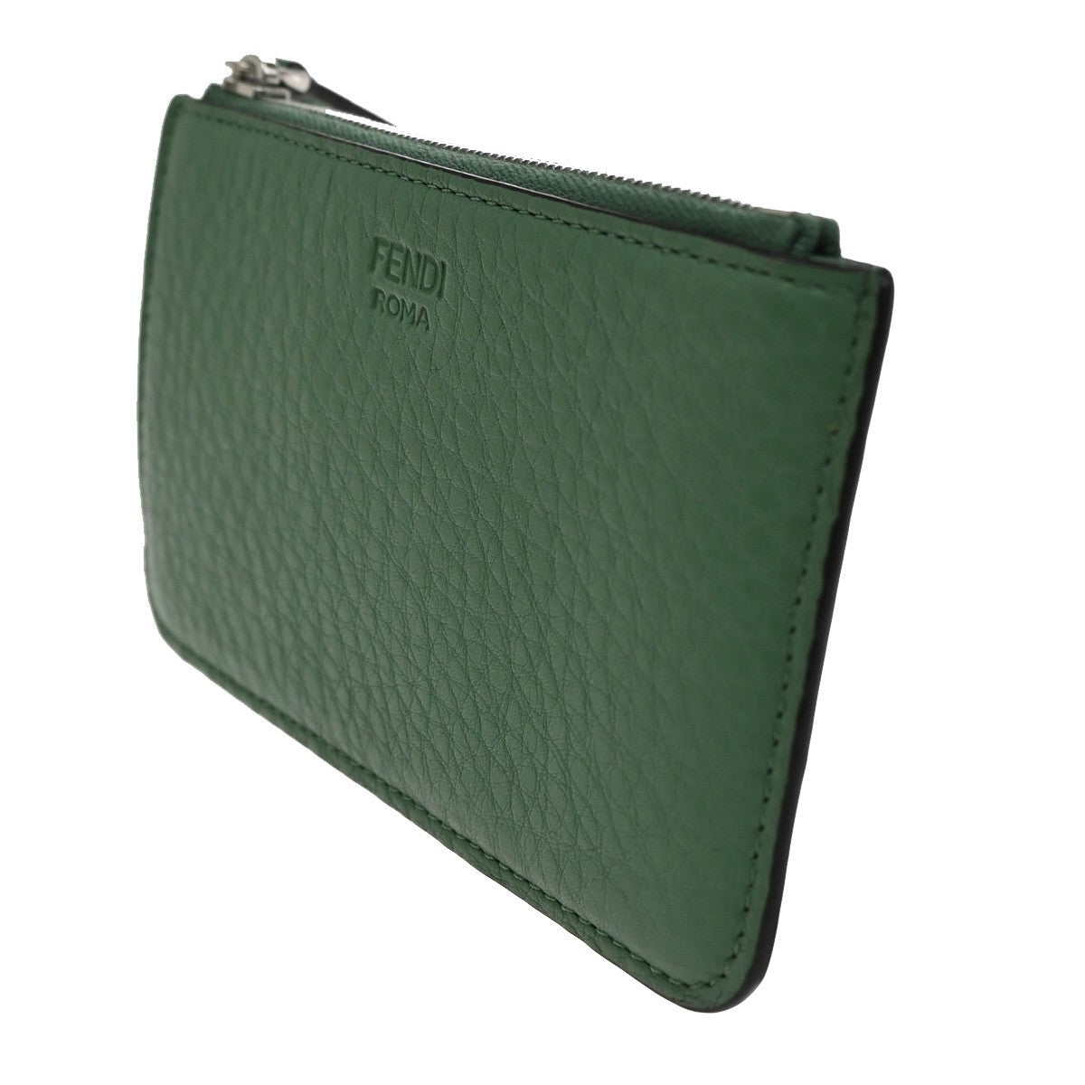 FENDI Logo Card Coin Case Compact Wallet Leather Green SHW Italy 38RL576