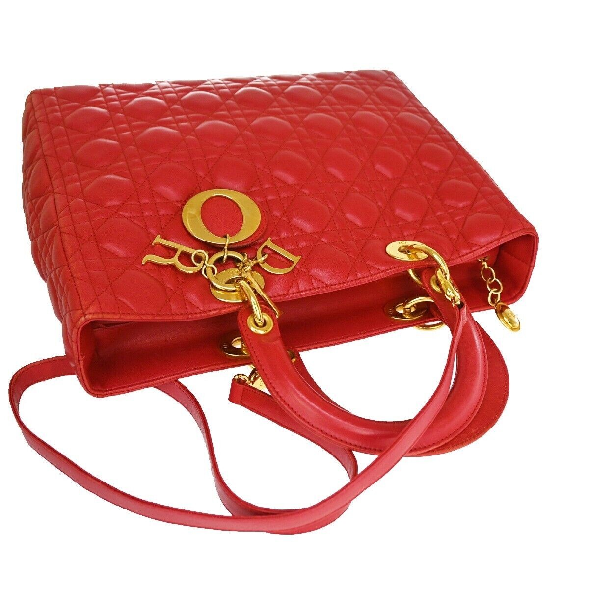 CHRISTIAN DIOR Lady Cannage 2Way Shoulder Hand Tote Bag Leather Red GHW 675RJ337