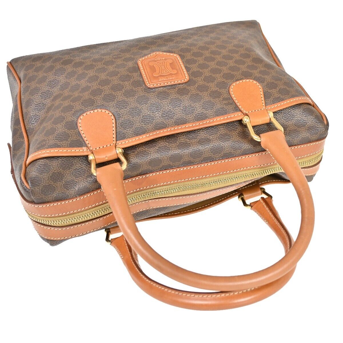 CELINE Logo Macadam Pattern  Hand Bag PVC Leather Brown Gold Italy 30FA326