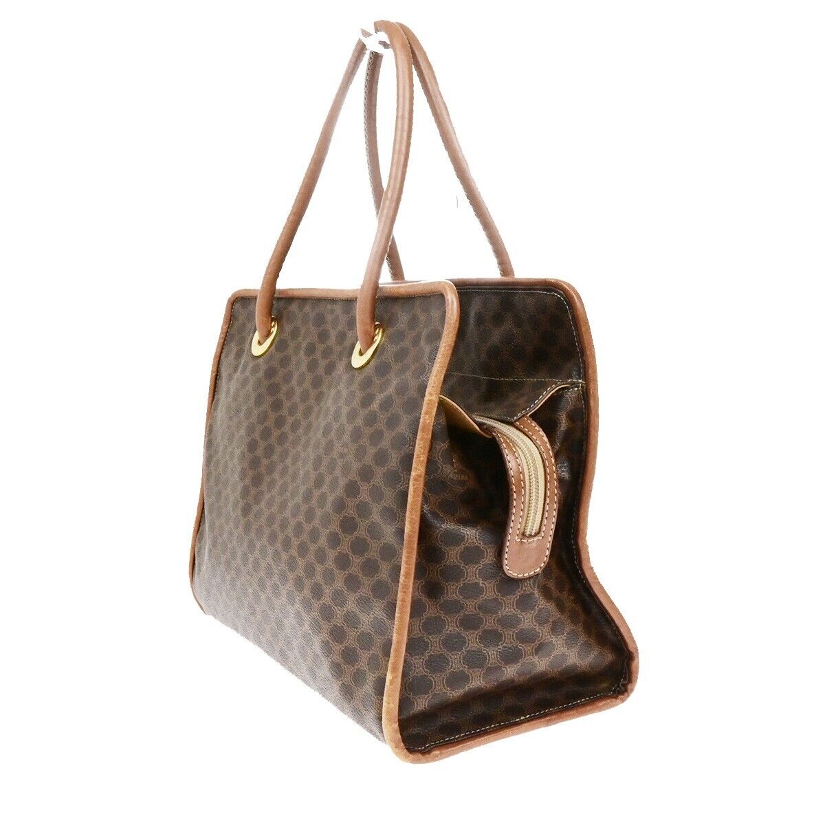 CELINE Circle Logo Macadam Pattern Shoulder Hand Bag PVC Leather Brown 33ED943