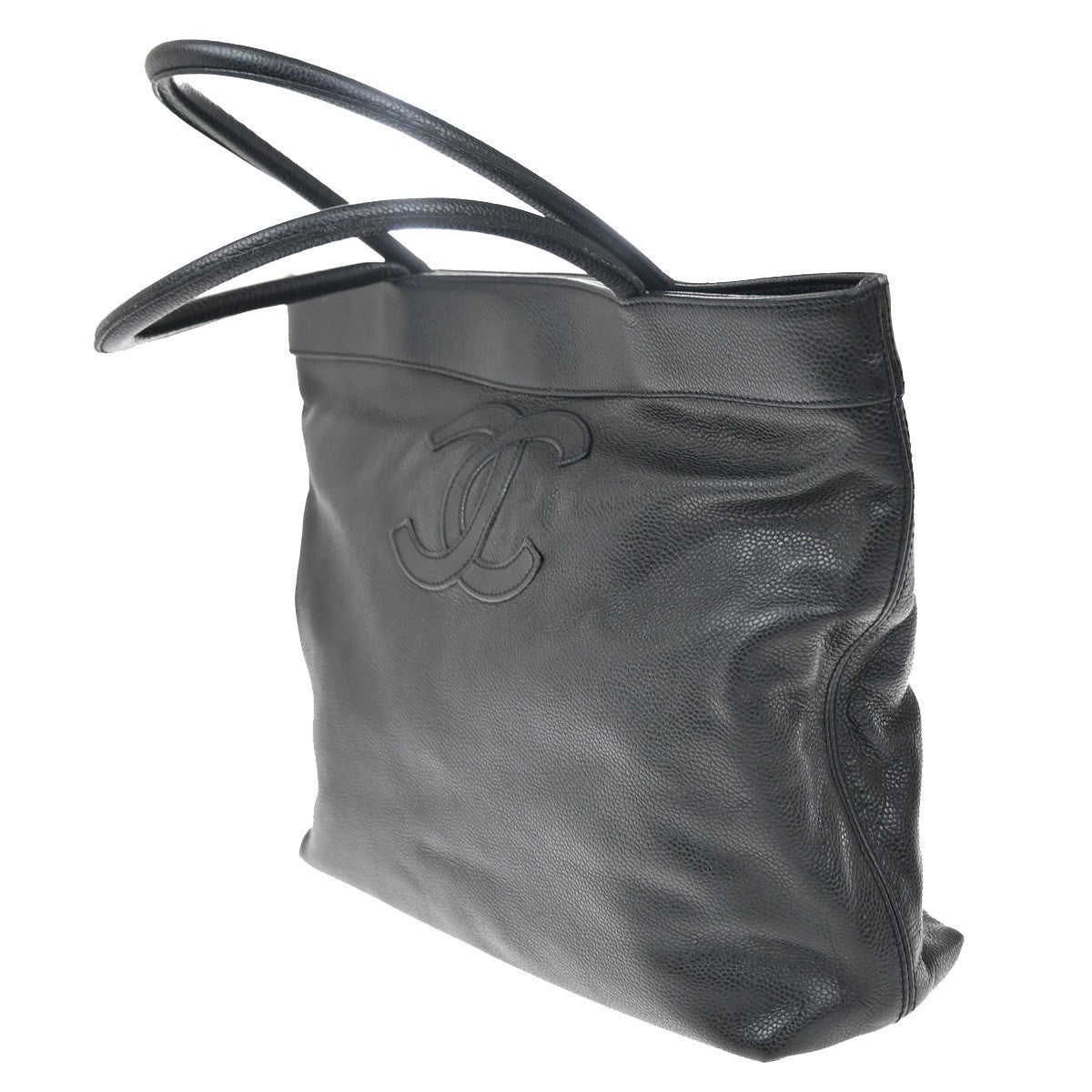CHANEL CC Logo Shoulder Tote Bag Grained Calfskin Leather Black Italy 20KP360