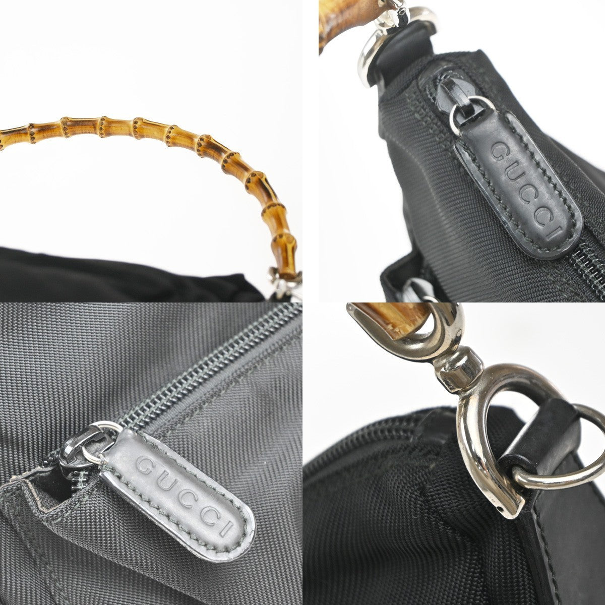 GUCCI Logo Bamboo Shoulder Hand Bag Nylon Leather Black Italy 68EG324
