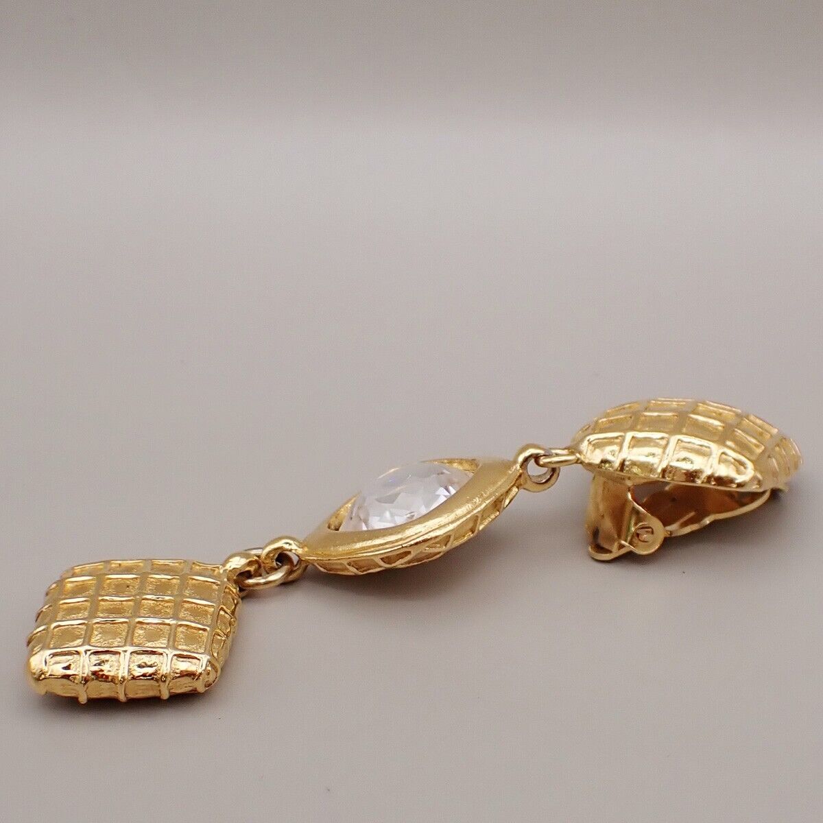CHANEL Matelasse Diamond Shape Drop Earrings Rhinestone Clip-On Gold 73RL067