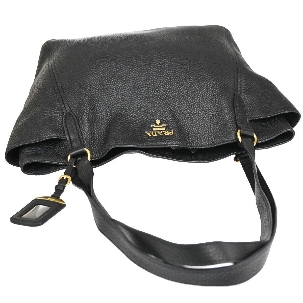 PRADA Logo Shoulder Tote Bag Leather Black Gold Made in Italy 93EA812