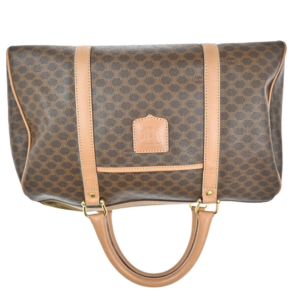 CELINE Logo Macadam Pattern Travel Hand Boston Bag PVC Leather Brown 38KC411