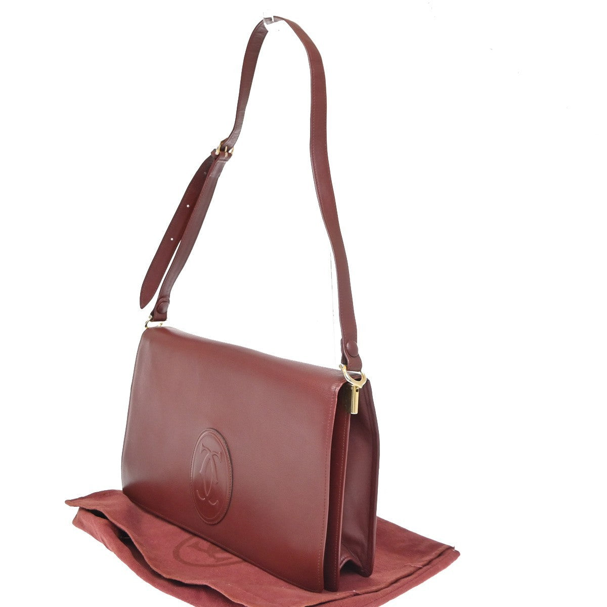 MUST DE CARTIER 2C Logo Flap Shoulder Bag Leather Bordeaux Red GHW Italy 66ZA041
