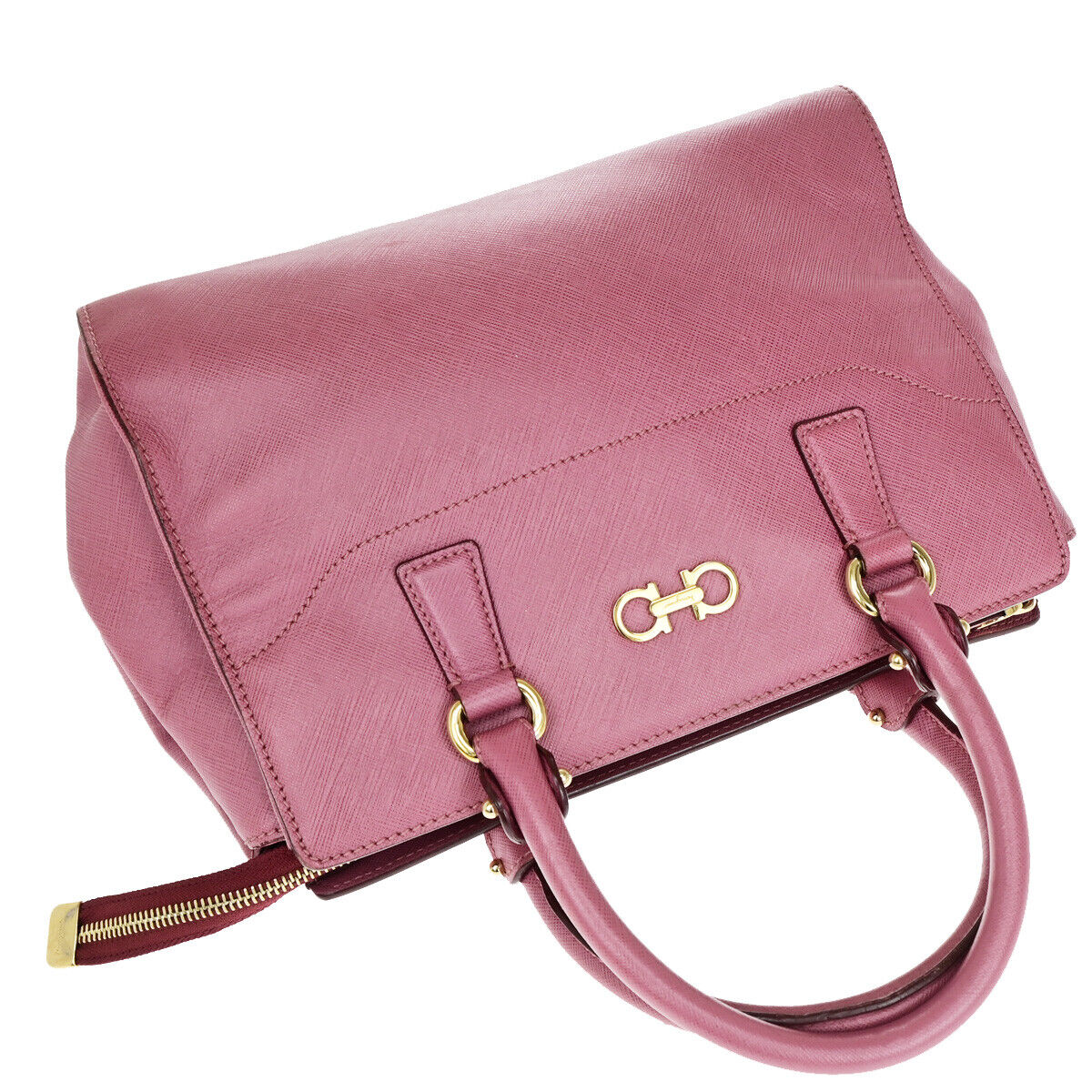 SALVATORE FERRAGAMO Logo Gancini Hand Bag PVC Leather Pink Gold Italy 67YE701