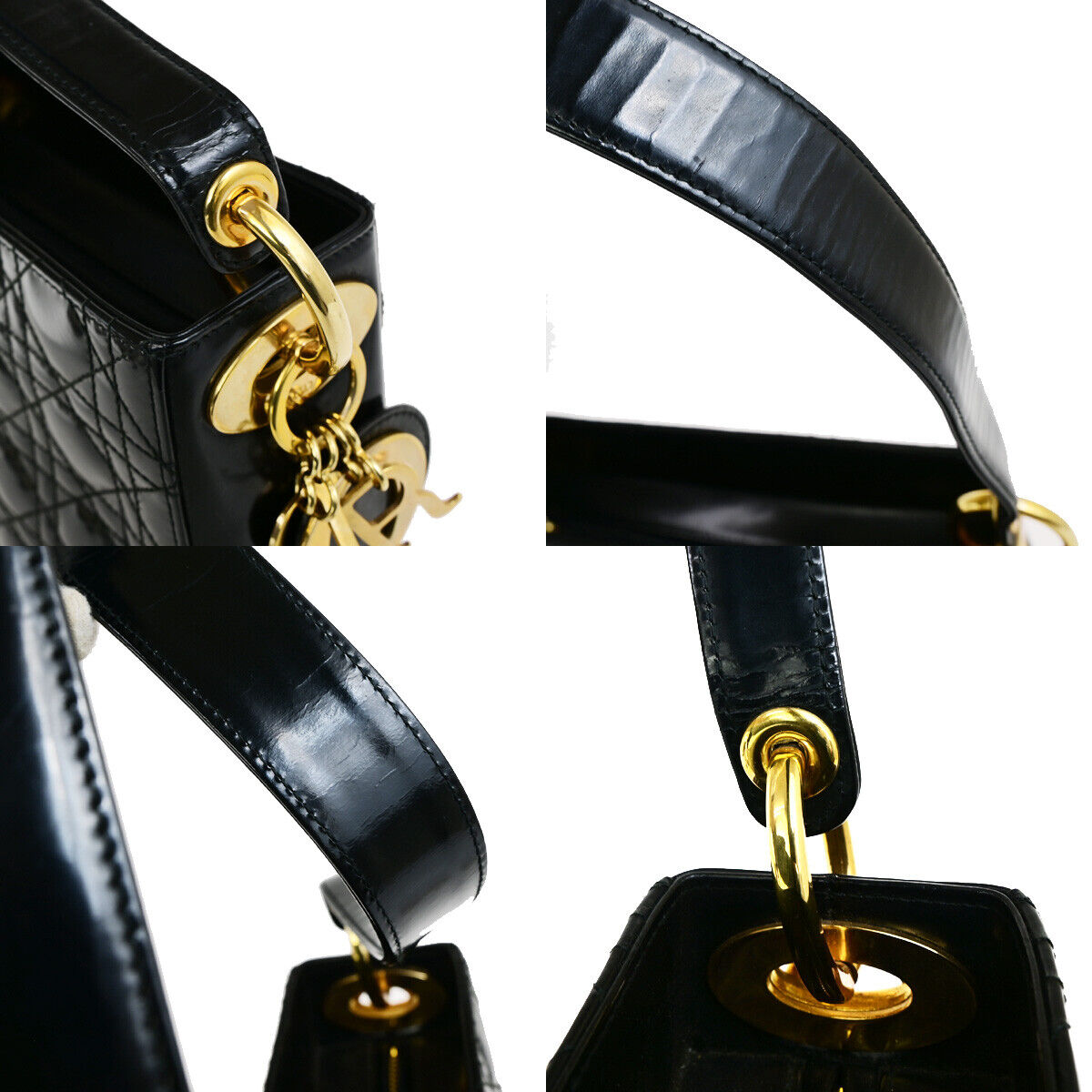 CHRISTIAN DIOR Logo Cannage Shoulder Bag Patent Leather Black GHW Italy 31YG637