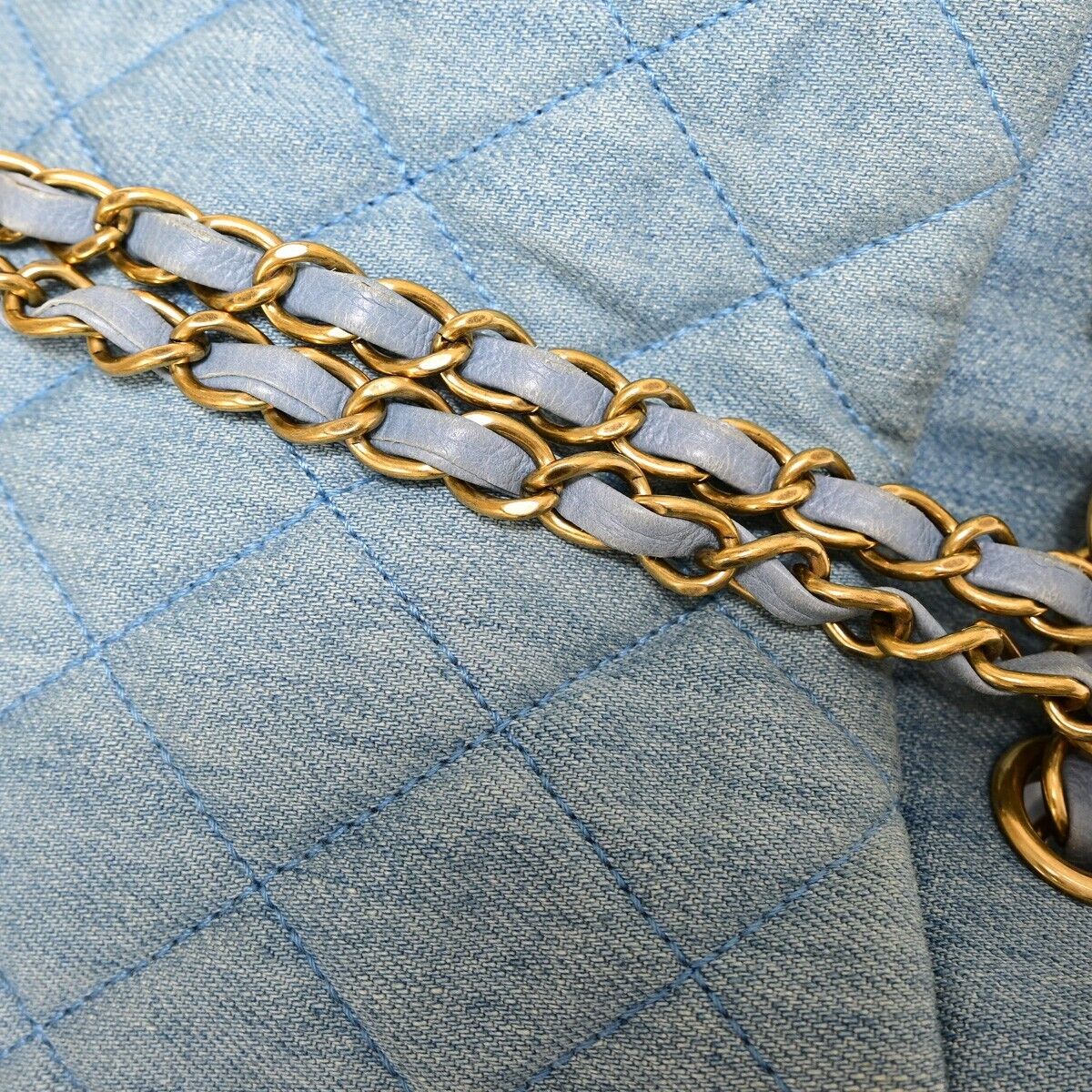 CHANEL CC Logo Matelasse Chain Shoulder Bag Denim Leather Blue Gold 382RJ864