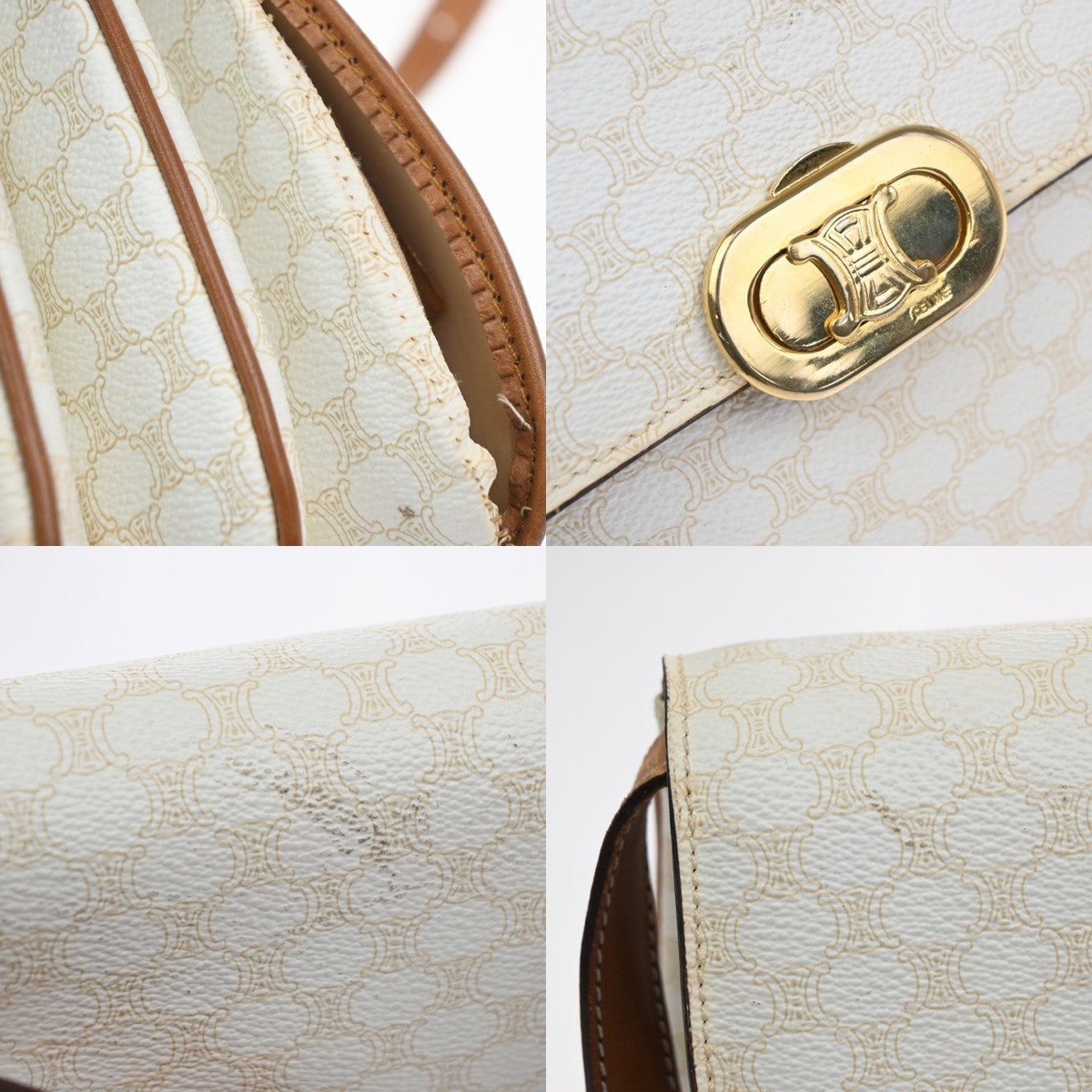 CELINE Macadam Pattern Crossbody Shoulder Bag PVC Leather White Brown  87KC778