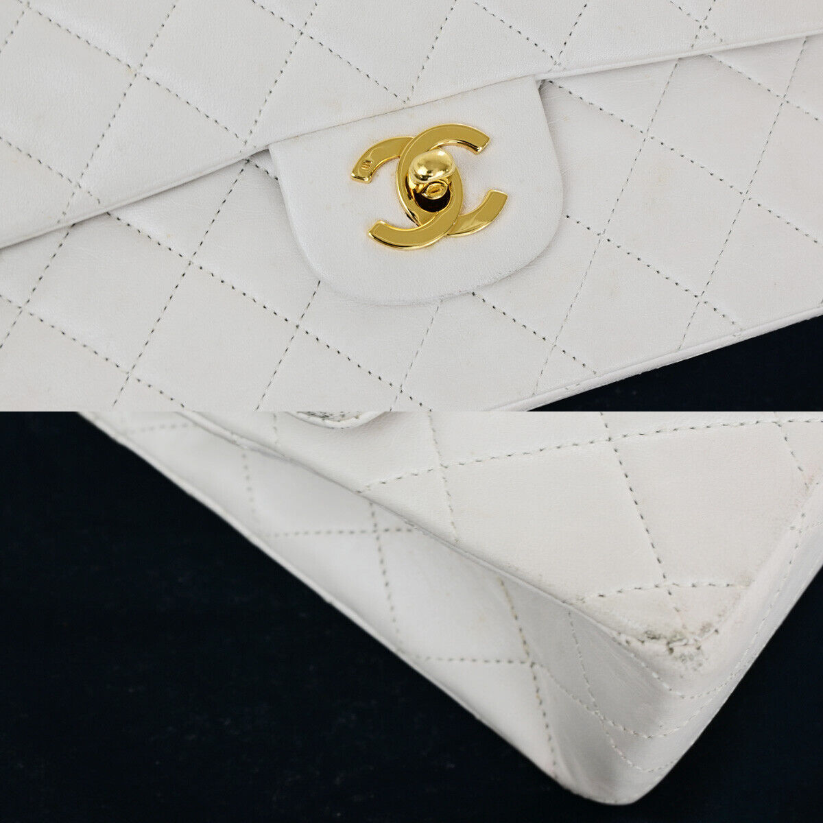 CHANEL CC Matelasse 25 Double Flap Chain Shoulder Bag Leather White GHW 385RK092