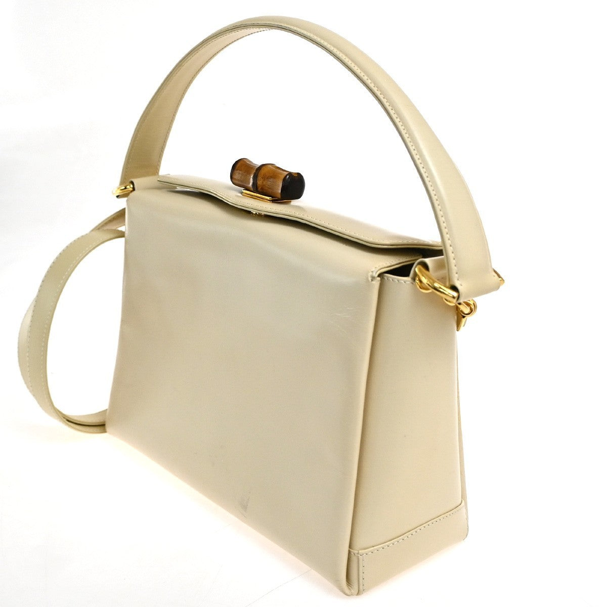 GUCCI Logo Bamboo 2Way Shoulder Hand Bag Leather Beige GHW Italy 34CA516