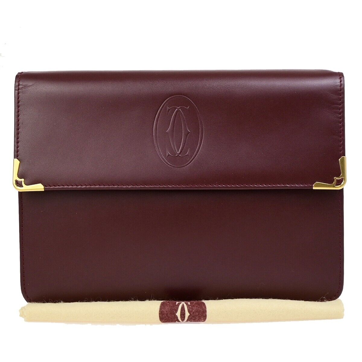 MUST DE CARTIER 2C Logo Clutch Hand Bag Leather Burgundy GHW Italy 05EC983
