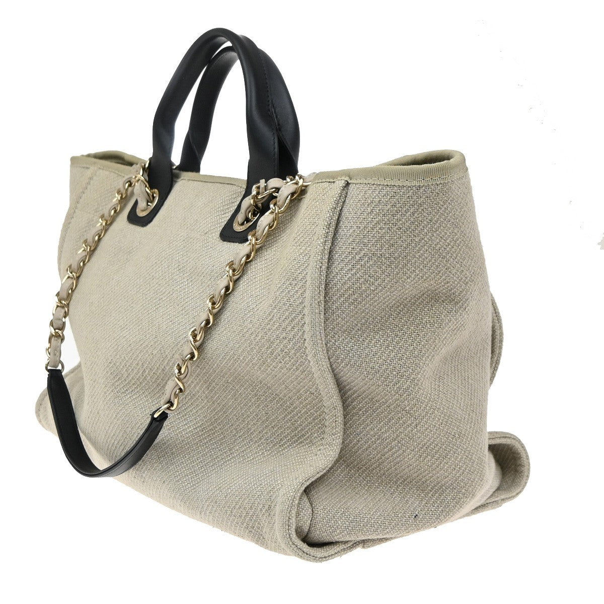 CHANEL Deauville 2Way Shoulder Hand Tote Bag Canvas Leather White Black 898RF787
