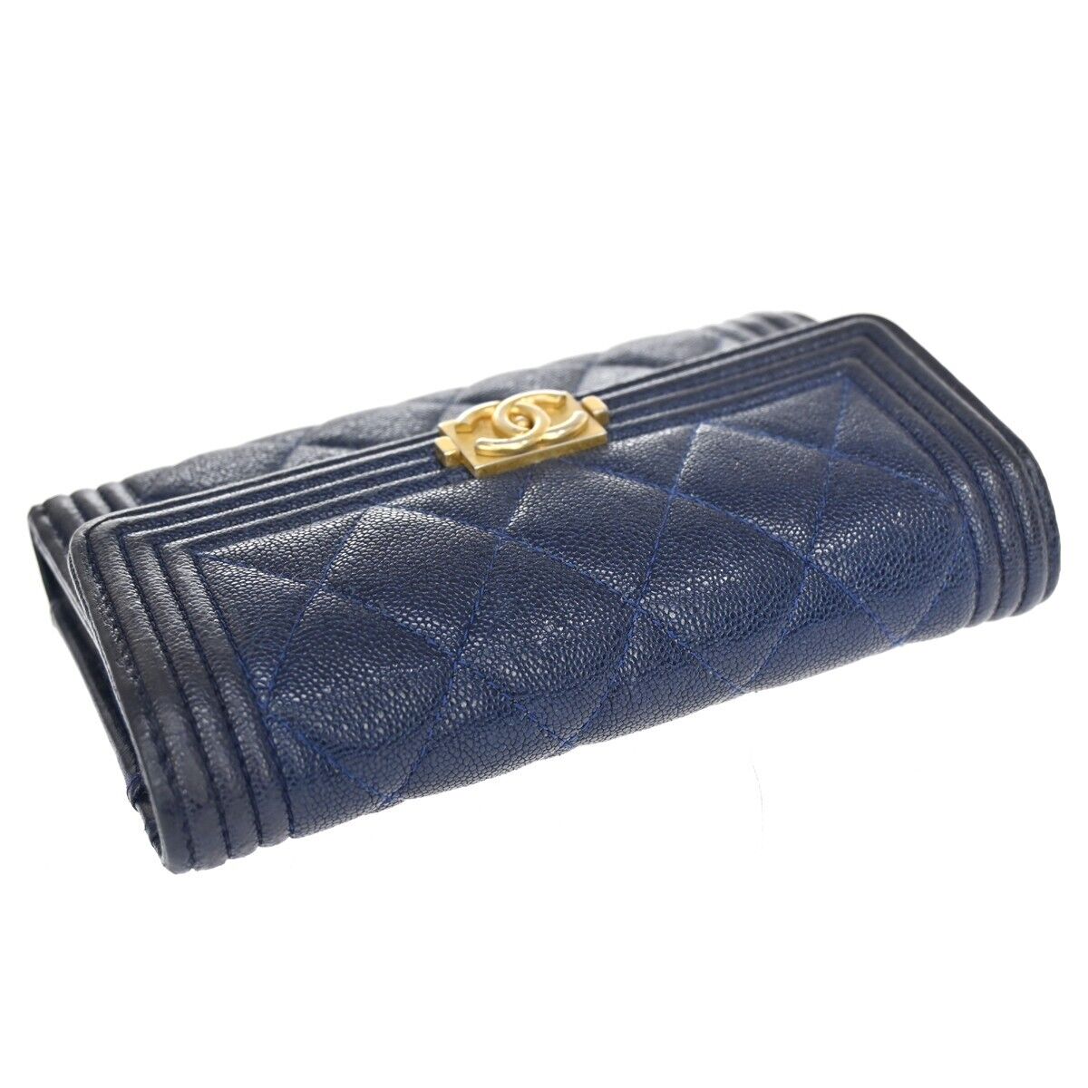 CHANEL CC Chanel boy Trifold Wallet Purse Caviar Skin Leather Navy Blue 34HB611