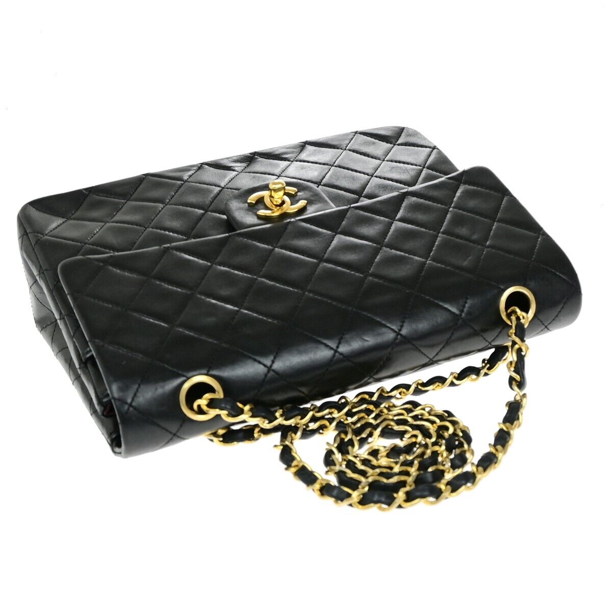 CHANEL Matelasse 25 Double Flap Chain Shoulder Bag Leather BK Vintage 827RF217