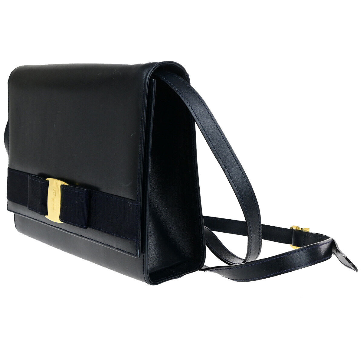 SALVATORE FERRAGAMO Logo Vara Shoulder Bag Leather Navy Blue GHW Italy 68YG010