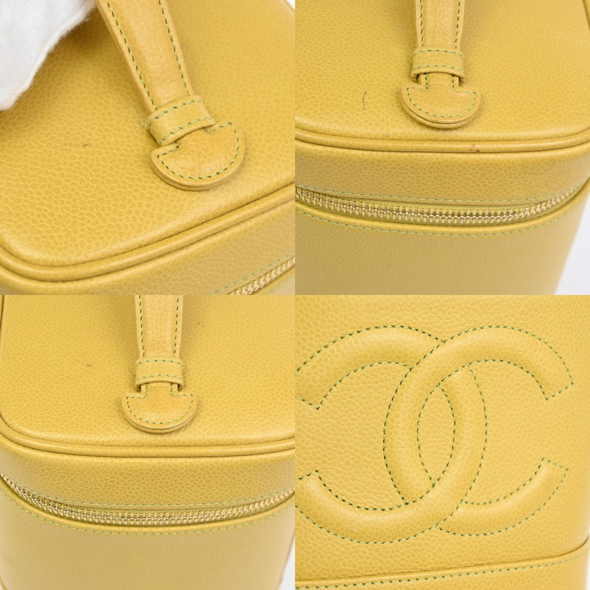 CHANEL Vanity Cosmetic Hand Bag Grained Calfskin Leather Yellow Vintage 664RQ061