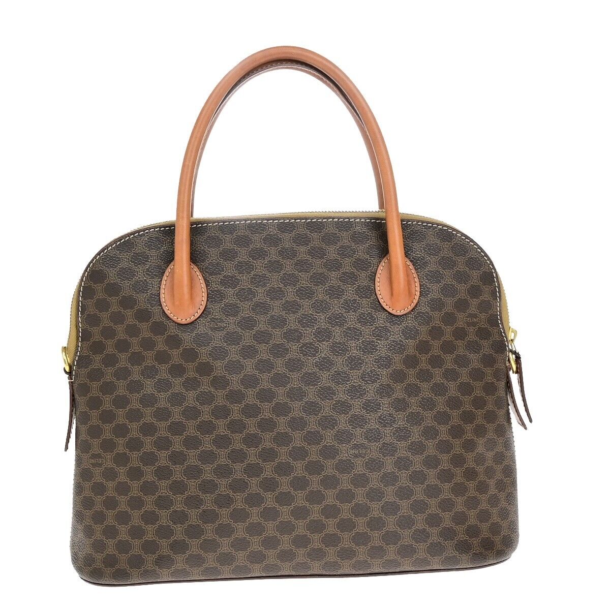 CELINE Logo Macadam Pattern Hand Bag PVC Leather Brown Gold Italy 64EB492