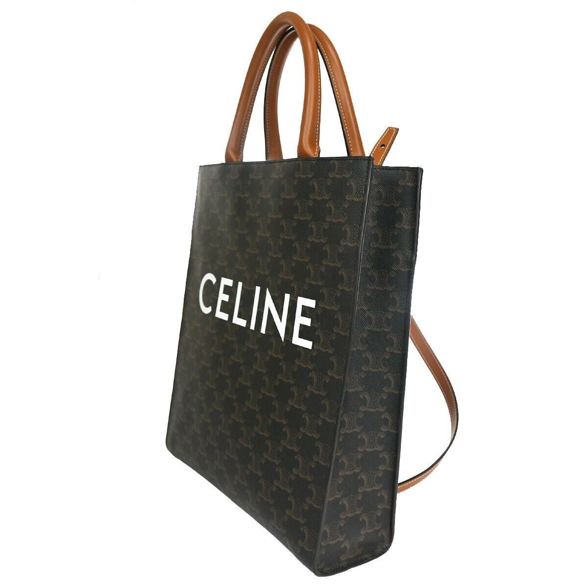 CELINE Vertical Cabas Hand Tote Bag Triomphe Canvas Leather Brown Black 680RH006