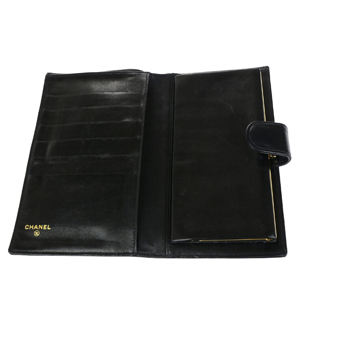 CHANEL CC Logo Long Bifold Wallet Purse Leather Black GHW Vintage 33RK743