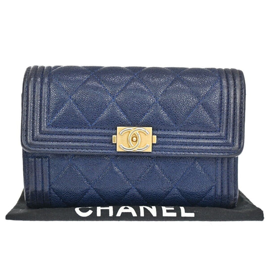 CHANEL CC Chanel boy Trifold Wallet Purse Caviar Skin Leather Navy Blue 34HB611