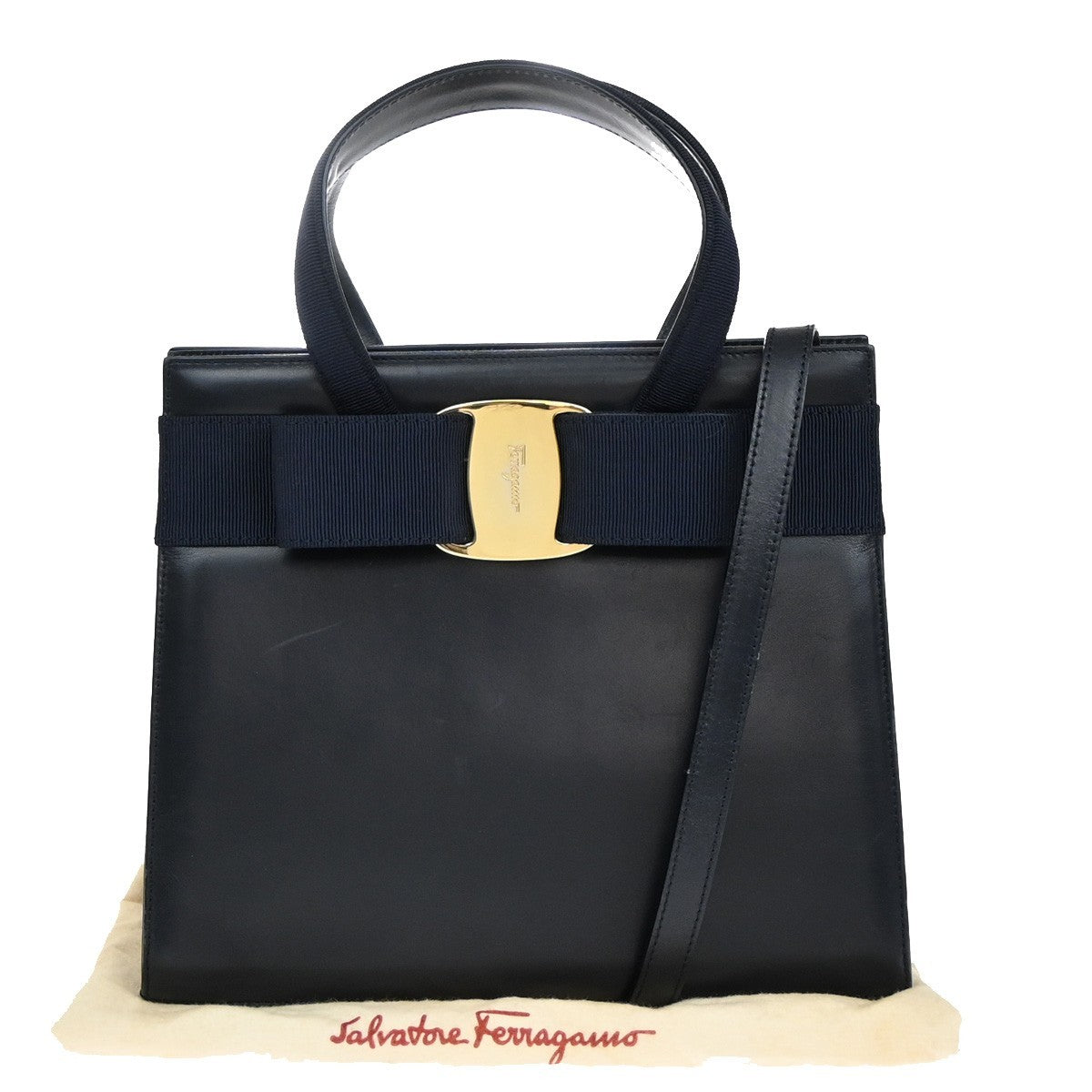 SALVATORE FERRAGAMO Vara 2Way Shoulder Hand Bag Canvas Leather Navy Blue 31EF372